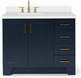 ARIEL 43" Midnight Blue Bathroom Vanity 1.5" Edge Pure White Quartz Countertop & Splash, Left Rectangular Sink, 2 Soft Closing Doors, 5 Full Extension Dovetail Drawers, Satin Brass