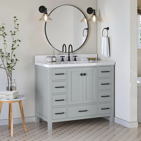 ARIEL 43" Midnight Blue Bathroom Vanity with 1.5" Edge Pure White Quartz Countertop & Backsplash, Center Rectangular Sink, 2 Soft Closing Doors, 9 Dovetail Drawers (Grey)