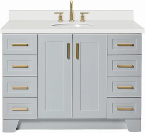 ARIEL 49" Grey Bathroom Vanity with 1.5" Edge Pure White Quartz Countertop & Backsplash, Center Oval Sink, 2 Soft Closing Doors, 9 Full Extension Dovetail Drawers, Toe Kick, Satin Brass