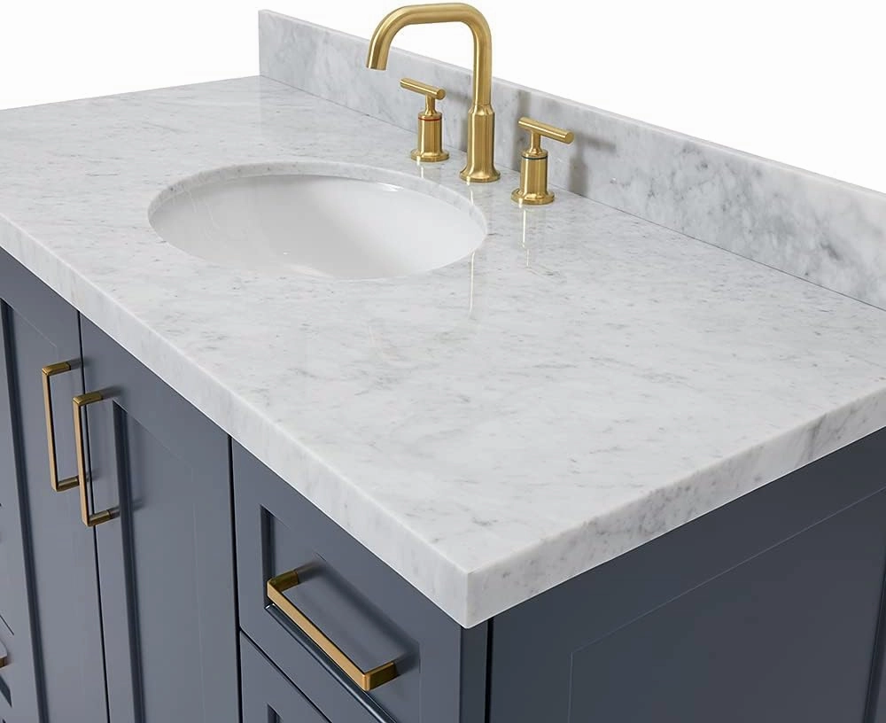 ARIEL 49" Midnight Blue Bathroom Vanity, 1.5" Edge Italian Carrara Marble Countertop & Splash, Center Oval Sink, 2 Soft Closing Doors, 9 Full Extension Dovetail Drawers, Satin Brass
