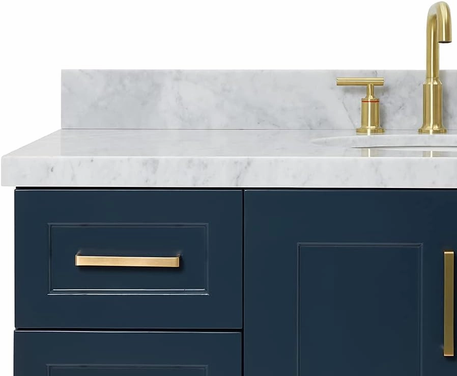 ARIEL 49" Midnight Blue Bathroom Vanity, 1.5" Edge Italian Carrara Marble Countertop & Splash, Center Oval Sink, 2 Soft Closing Doors, 9 Full Extension Dovetail Drawers, Satin Brass