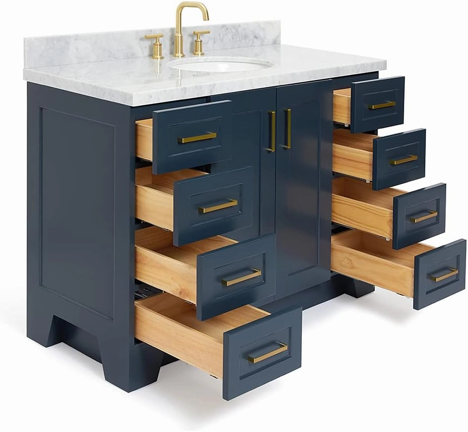 ARIEL 49" Midnight Blue Bathroom Vanity, 1.5" Edge Italian Carrara Marble Countertop & Splash, Center Oval Sink, 2 Soft Closing Doors, 9 Full Extension Dovetail Drawers, Satin Brass