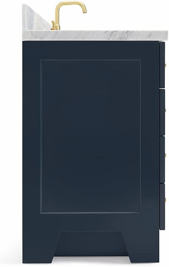 ARIEL 49" Midnight Blue Bathroom Vanity, 1.5" Edge Italian Carrara Marble Countertop & Splash, Center Oval Sink, 2 Soft Closing Doors, 9 Full Extension Dovetail Drawers, Satin Brass