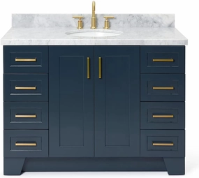 ARIEL 49" Midnight Blue Bathroom Vanity, 1.5" Edge Italian Carrara Marble Countertop & Splash, Center Oval Sink, 2 Soft Closing Doors, 9 Full Extension Dovetail Drawers, Satin Brass
