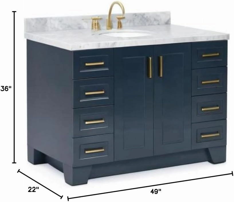 ARIEL 49" Midnight Blue Bathroom Vanity, 1.5" Edge Italian Carrara Marble Countertop & Splash, Center Oval Sink, 2 Soft Closing Doors, 9 Full Extension Dovetail Drawers, Satin Brass