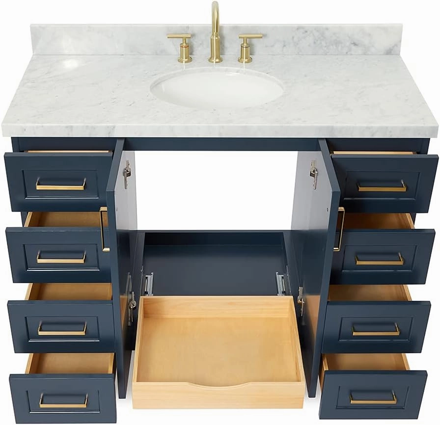ARIEL 49" Midnight Blue Bathroom Vanity, 1.5" Edge Italian Carrara Marble Countertop & Splash, Center Oval Sink, 2 Soft Closing Doors, 9 Full Extension Dovetail Drawers, Satin Brass