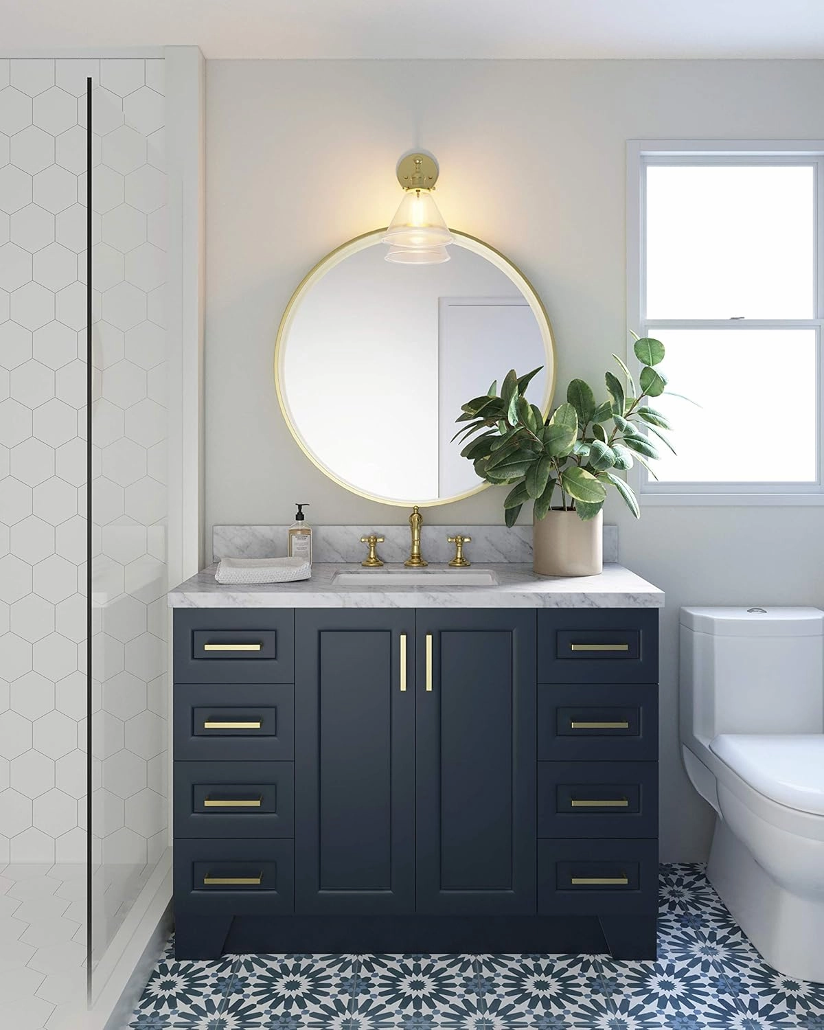 ARIEL 49" Midnight Blue Bathroom Vanity, 1.5" Edge Italian Carrara Marble Countertop & Splash, Center Oval Sink, 2 Soft Closing Doors, 9 Full Extension Dovetail Drawers, Satin Brass