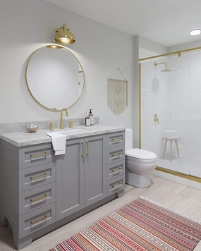 ARIEL 55" Grey Bathroom Vanity 1.5" Edge Italian Carrara Marble Countertop & Splash, Rectangular Sink, 2 Soft Closing Doors, 9 Full Extension Dovetail Drawers, Satin Brass