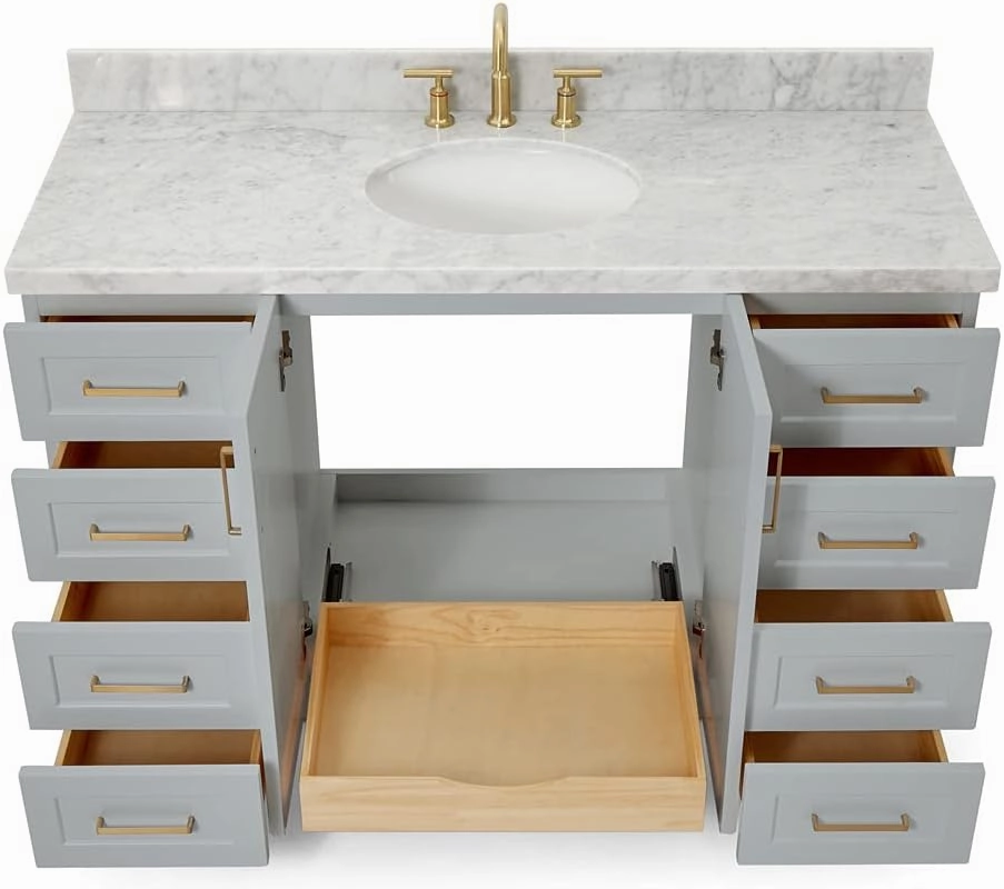 ARIEL 55" Grey Bathroom Vanity 1.5" Edge Italian Carrara Marble Countertop & Splash, Rectangular Sink, 2 Soft Closing Doors, 9 Full Extension Dovetail Drawers, Satin Brass