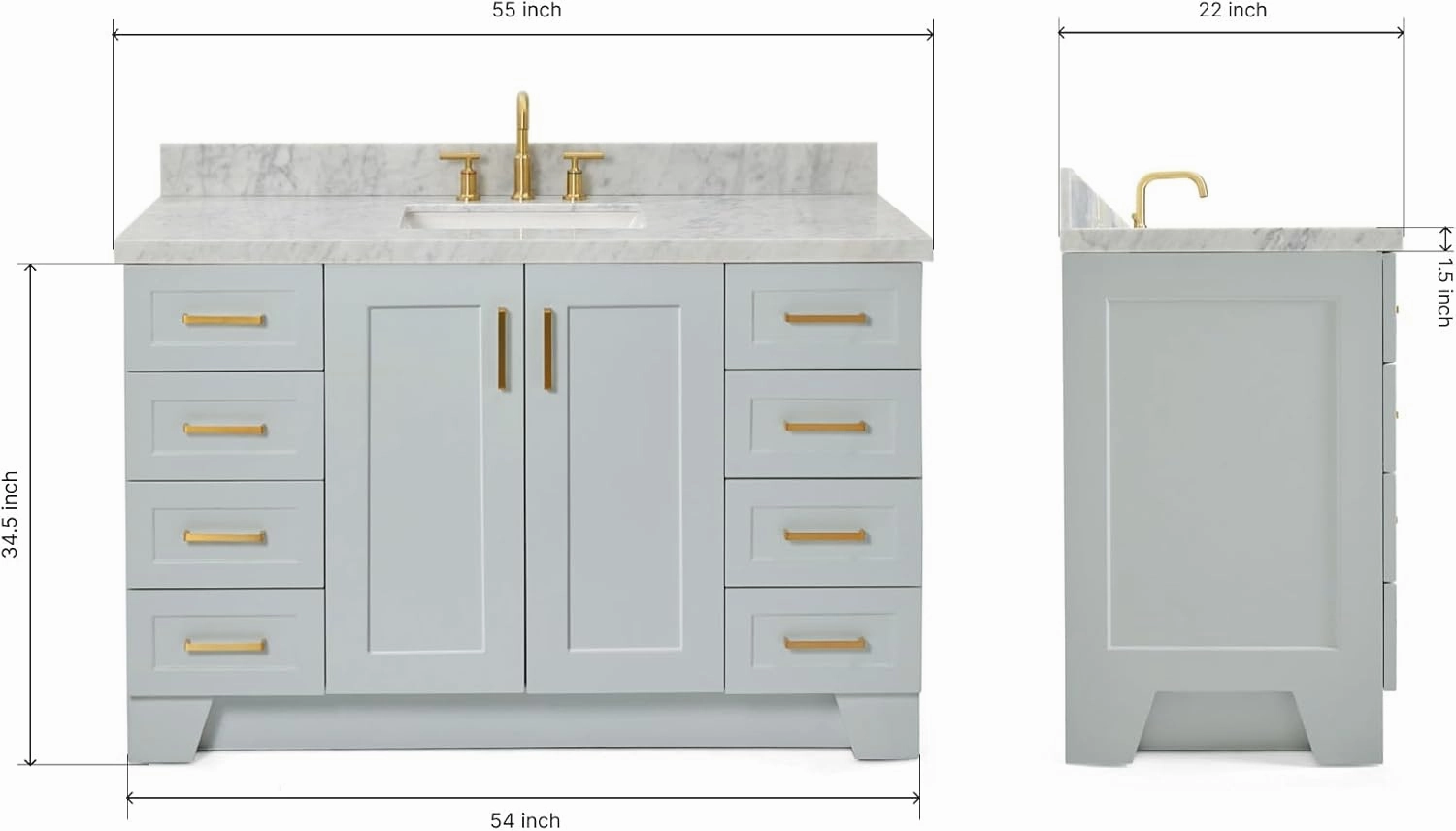 ARIEL 55" Grey Bathroom Vanity 1.5" Edge Italian Carrara Marble Countertop & Splash, Rectangular Sink, 2 Soft Closing Doors, 9 Full Extension Dovetail Drawers, Satin Brass
