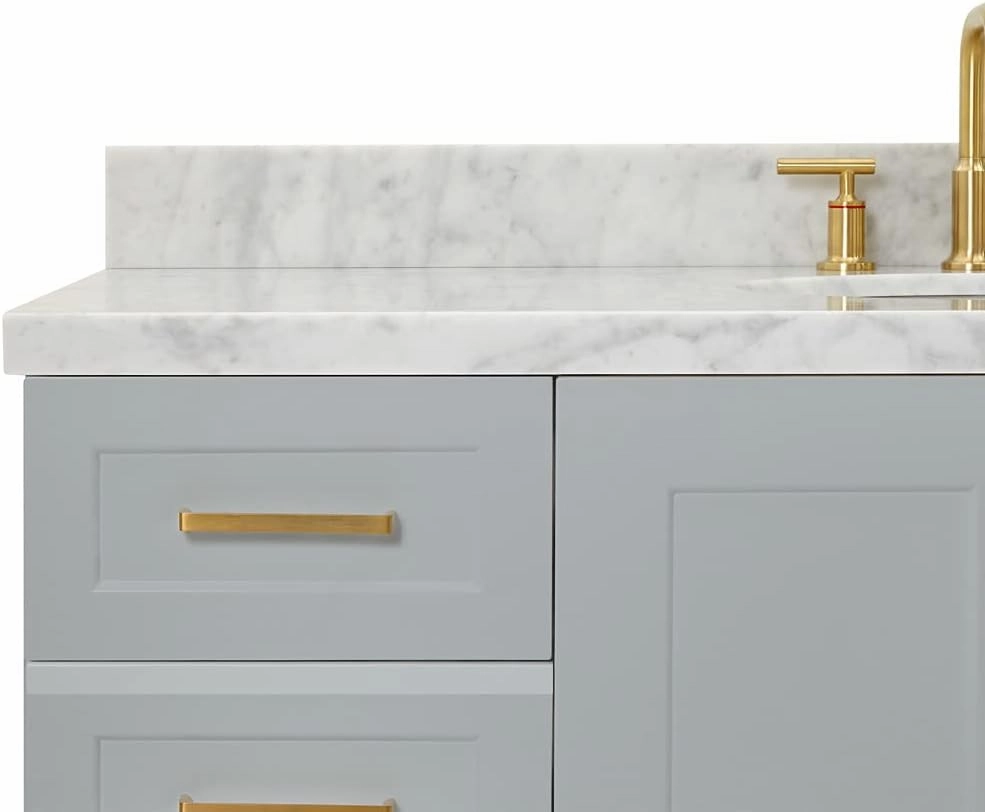 ARIEL 55" Grey Bathroom Vanity 1.5" Edge Italian Carrara Marble Countertop & Splash, Rectangular Sink, 2 Soft Closing Doors, 9 Full Extension Dovetail Drawers, Satin Brass