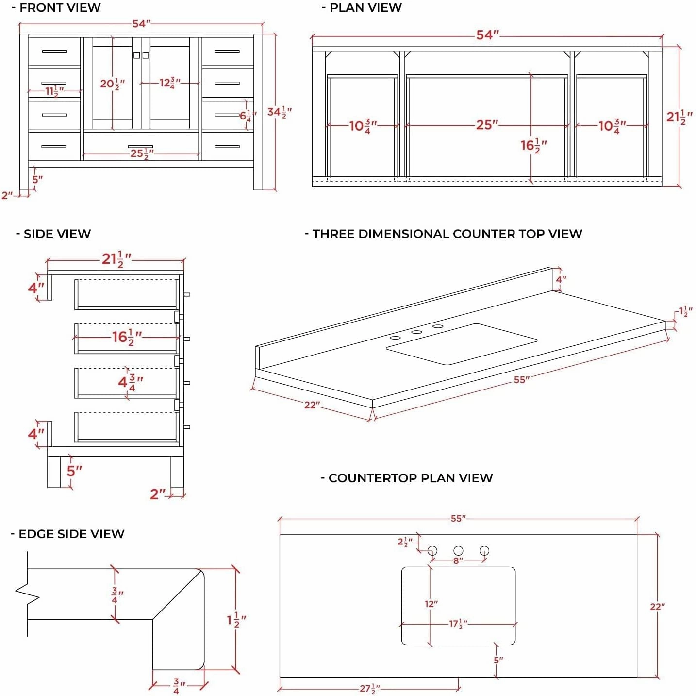 ARIEL 55" Grey Bathroom Vanity 1.5" Edge Italian Carrara Marble Countertop & Splash, Rectangular Sink, 2 Soft Closing Doors, 9 Full Extension Dovetail Drawers, Satin Brass