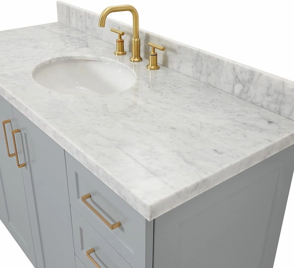 ARIEL 55" Grey Bathroom Vanity 1.5" Edge Italian Carrara Marble Countertop & Splash, Rectangular Sink, 2 Soft Closing Doors, 9 Full Extension Dovetail Drawers, Satin Brass