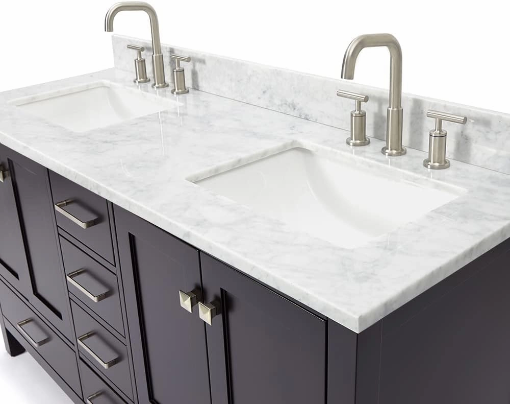 ARIEL 61" Espresso Double Bathroom Vanity with Italian Carrara Marble Countertop & Backsplash, Center Rectangular Sinks, 4 Soft Closing Doors, 6 Full Extension Dovetail Drawers, Brushed Nickel