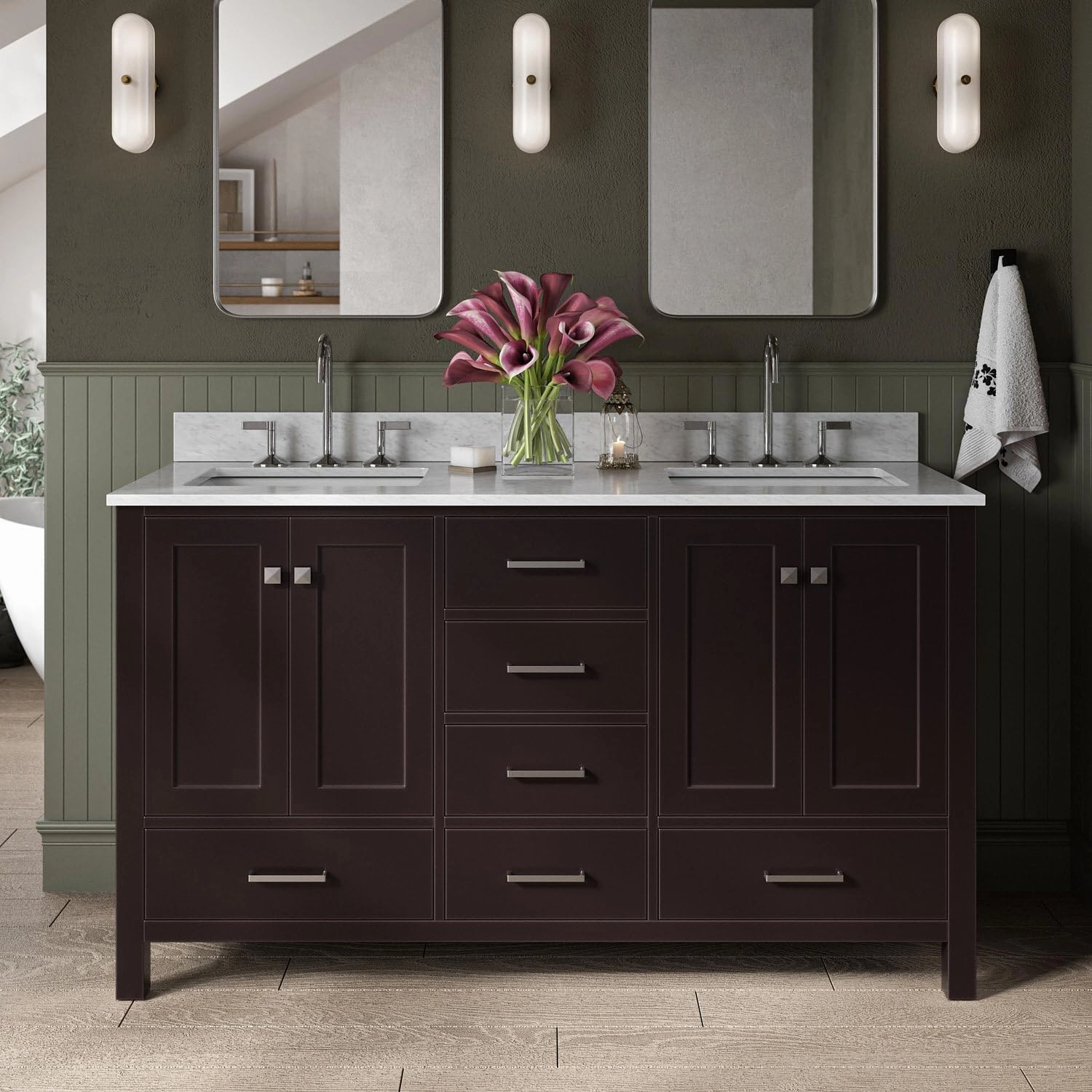 ARIEL 61" Espresso Double Bathroom Vanity with Italian Carrara Marble Countertop & Backsplash, Center Rectangular Sinks, 4 Soft Closing Doors, 6 Full Extension Dovetail Drawers, Brushed Nickel
