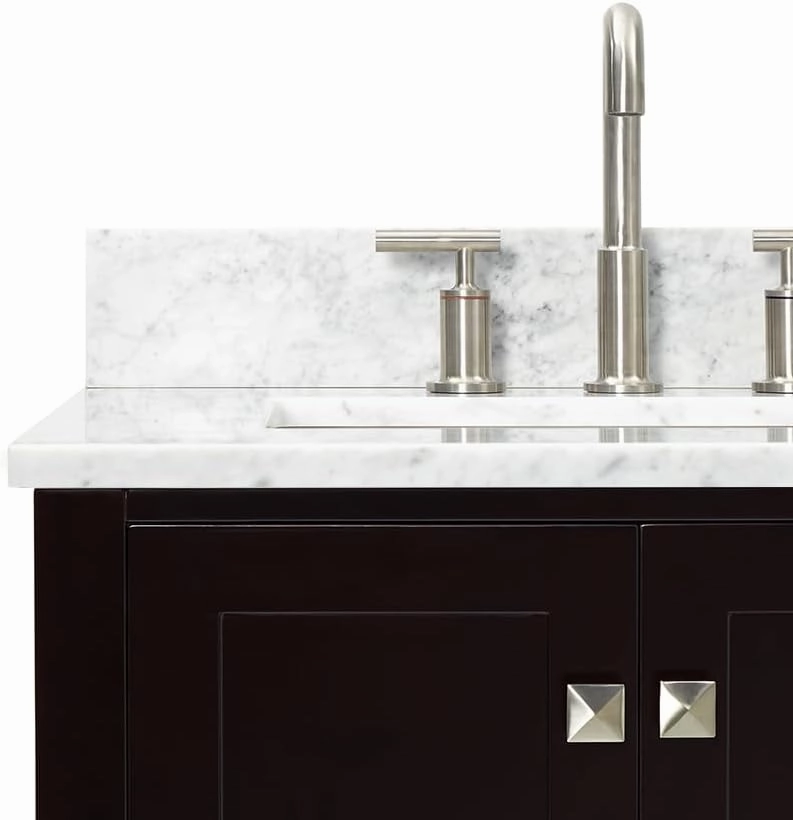 ARIEL 61" Espresso Double Bathroom Vanity with Italian Carrara Marble Countertop & Backsplash, Center Rectangular Sinks, 4 Soft Closing Doors, 6 Full Extension Dovetail Drawers, Brushed Nickel