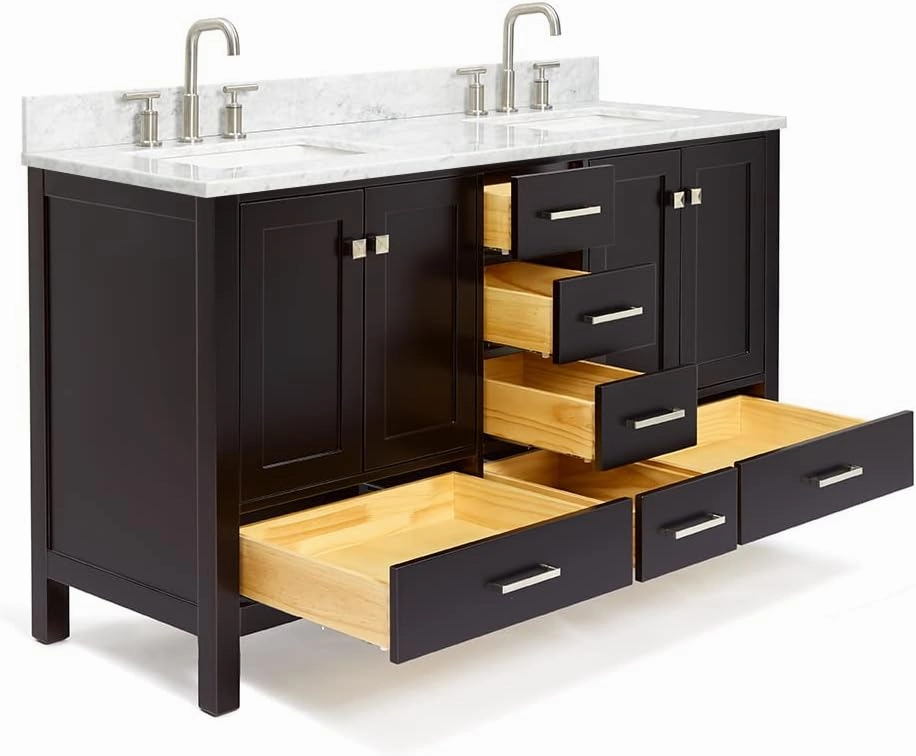 ARIEL 61" Espresso Double Bathroom Vanity with Italian Carrara Marble Countertop & Backsplash, Center Rectangular Sinks, 4 Soft Closing Doors, 6 Full Extension Dovetail Drawers, Brushed Nickel