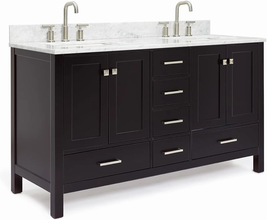 ARIEL 61" Espresso Double Bathroom Vanity with Italian Carrara Marble Countertop & Backsplash, Center Rectangular Sinks, 4 Soft Closing Doors, 6 Full Extension Dovetail Drawers, Brushed Nickel