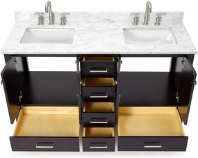 ARIEL 61" Espresso Double Bathroom Vanity with Italian Carrara Marble Countertop & Backsplash, Center Rectangular Sinks, 4 Soft Closing Doors, 6 Full Extension Dovetail Drawers, Brushed Nickel