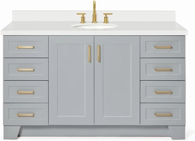 ARIEL 61" Grey Bathroom Vanity with 1.5" Edge Pure White Quartz Countertop & Backsplash, Center Oval Sink, 2 Soft Closing Doors, 9 Full Extension Dovetail Drawers, Toe Kick, Satin Brass