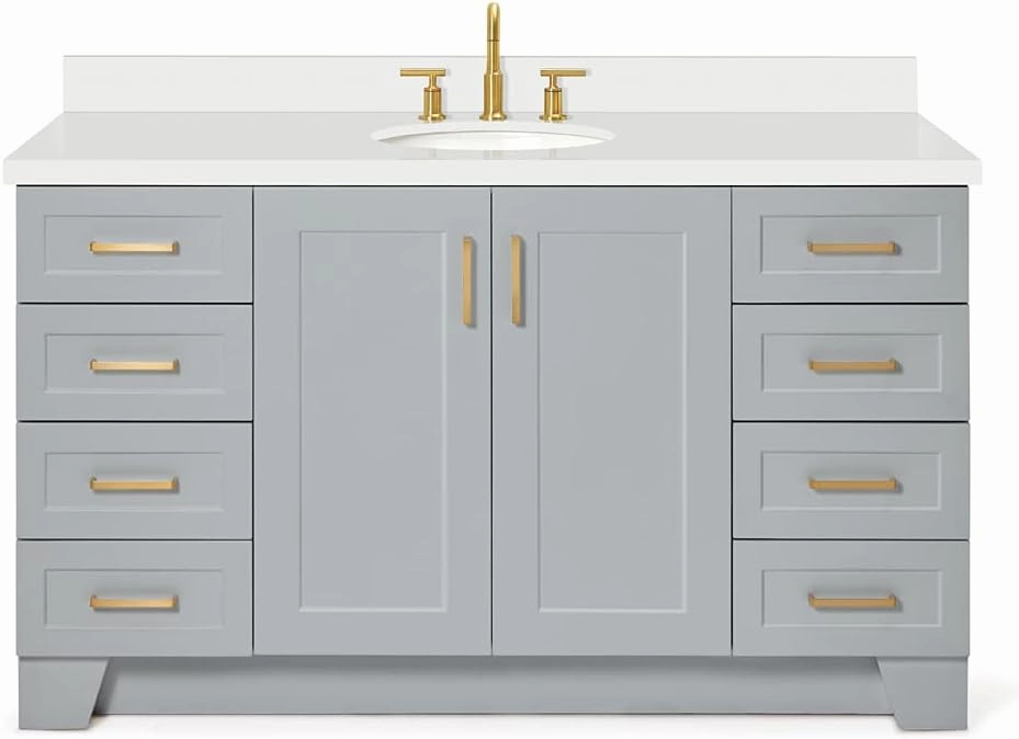 ARIEL 61" Grey Bathroom Vanity with 1.5" Edge Pure White Quartz Countertop & Backsplash, Center Oval Sink, 2 Soft Closing Doors, 9 Full Extension Dovetail Drawers, Toe Kick, Satin Brass