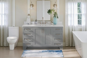 ARIEL 61" Grey Bathroom Vanity with 1.5" Edge Pure White Quartz Countertop & Backsplash, Center Rectangular Sink, 2 Soft Closing Doors, 9 Full Extension Dovetail Drawers, Toe Kick, Satin Brass