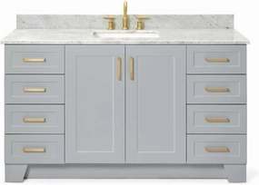 ARIEL 61" Grey Bathroom Vanity with Italian Carrara Marble Countertop & Backsplash, Center Rectangular Sink, 2 Soft Closing Doors, 9 Full Extension Dovetail Drawers, Toe Kick, Satin Brass