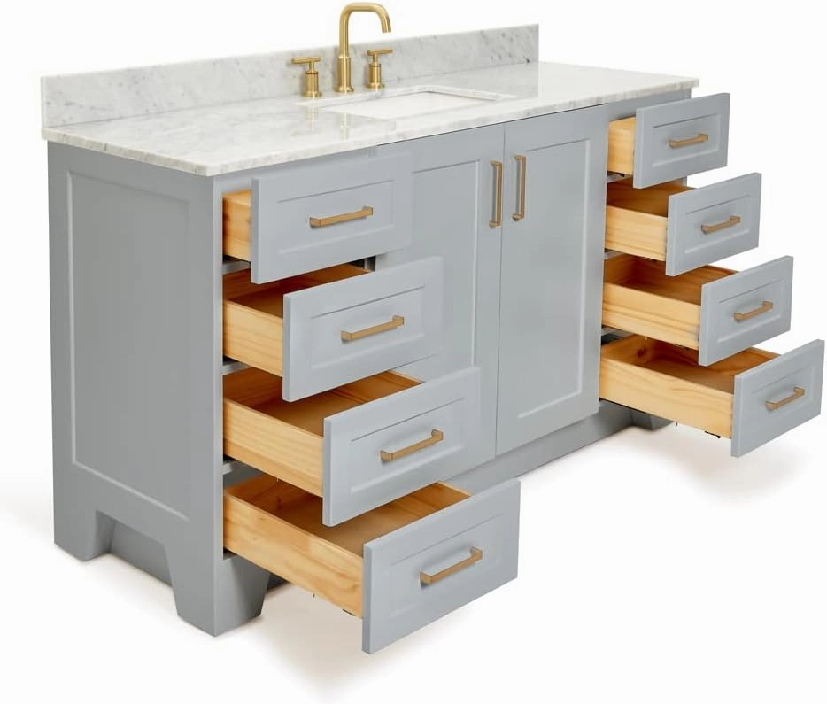 ARIEL 61" Grey Bathroom Vanity with Italian Carrara Marble Countertop & Backsplash, Center Rectangular Sink, 2 Soft Closing Doors, 9 Full Extension Dovetail Drawers, Toe Kick, Satin Brass