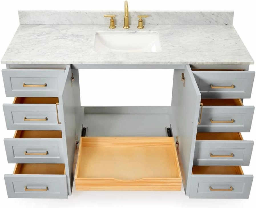 ARIEL 61" Grey Bathroom Vanity with Italian Carrara Marble Countertop & Backsplash, Center Rectangular Sink, 2 Soft Closing Doors, 9 Full Extension Dovetail Drawers, Toe Kick, Satin Brass