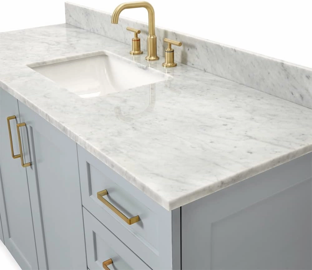 ARIEL 61" Grey Bathroom Vanity with Italian Carrara Marble Countertop & Backsplash, Center Rectangular Sink, 2 Soft Closing Doors, 9 Full Extension Dovetail Drawers, Toe Kick, Satin Brass