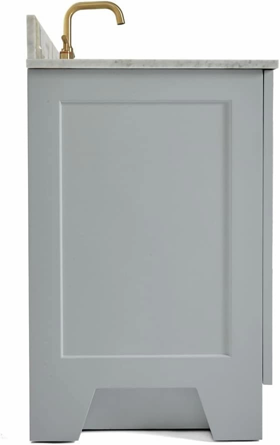 ARIEL 61" Grey Bathroom Vanity with Italian Carrara Marble Countertop & Backsplash, Center Rectangular Sink, 2 Soft Closing Doors, 9 Full Extension Dovetail Drawers, Toe Kick, Satin Brass