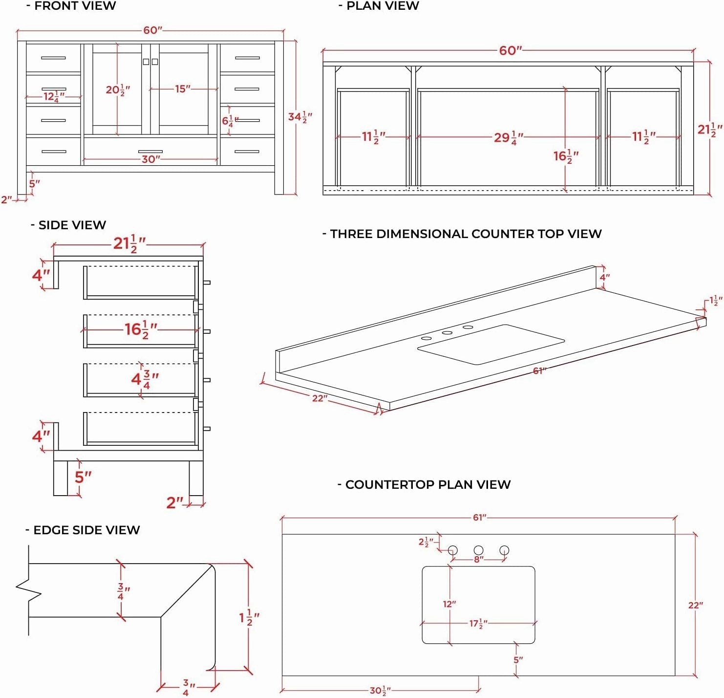ARIEL 61" Grey Bathroom Vanity with Italian Carrara Marble Countertop & Backsplash, Center Rectangular Sink, 2 Soft Closing Doors, 9 Full Extension Dovetail Drawers, Toe Kick, Satin Brass