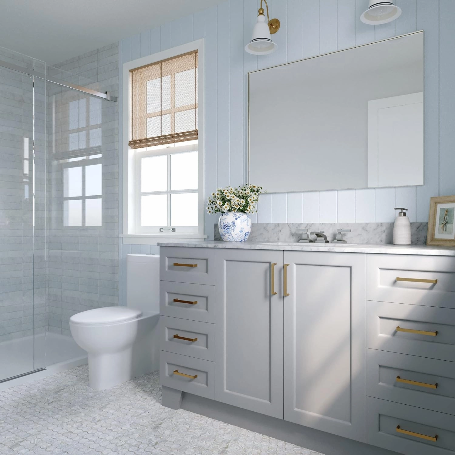 ARIEL 61" Grey Bathroom Vanity with Italian Carrara Marble Countertop & Backsplash, Center Rectangular Sink, 2 Soft Closing Doors, 9 Full Extension Dovetail Drawers, Toe Kick, Satin Brass