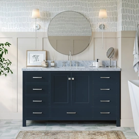 ARIEL 61" Midnight Blue Bathroom Vanity, 1.5" Edge Italian Carrara Marble Countertop & Splash, Rectangular Sink, 2 Soft Closing Doors, 9 Full Extension Dovetail Drawers, Brushed Nickel