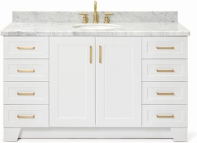 ARIEL 61" White Bathroom Vanity with 1.5" Edge Italian Carrara Marble Countertop & Backsplash, Center Oval Sink, 2 Soft Closing Doors, 9 Full Extension Dovetail Drawers, Toe Kick, Satin Brass