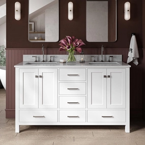 ARIEL 61" White Double Bathroom Vanity with Italian Carrara Marble Countertop & Backsplash, Center Rectangular Sinks, 4 Soft Closing Doors, 6 Full Extension Dovetail Drawers, Brushed Nickel