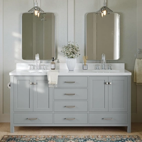 ARIEL 73" Grey Double Bathroom Vanity with 1.5" Edge Pure White Quartz Countertop & Backsplash, Center Oval Sinks, 4 Soft Closing Doors, 6 Full Extension Dovetail Drawers, Brushed Nickel