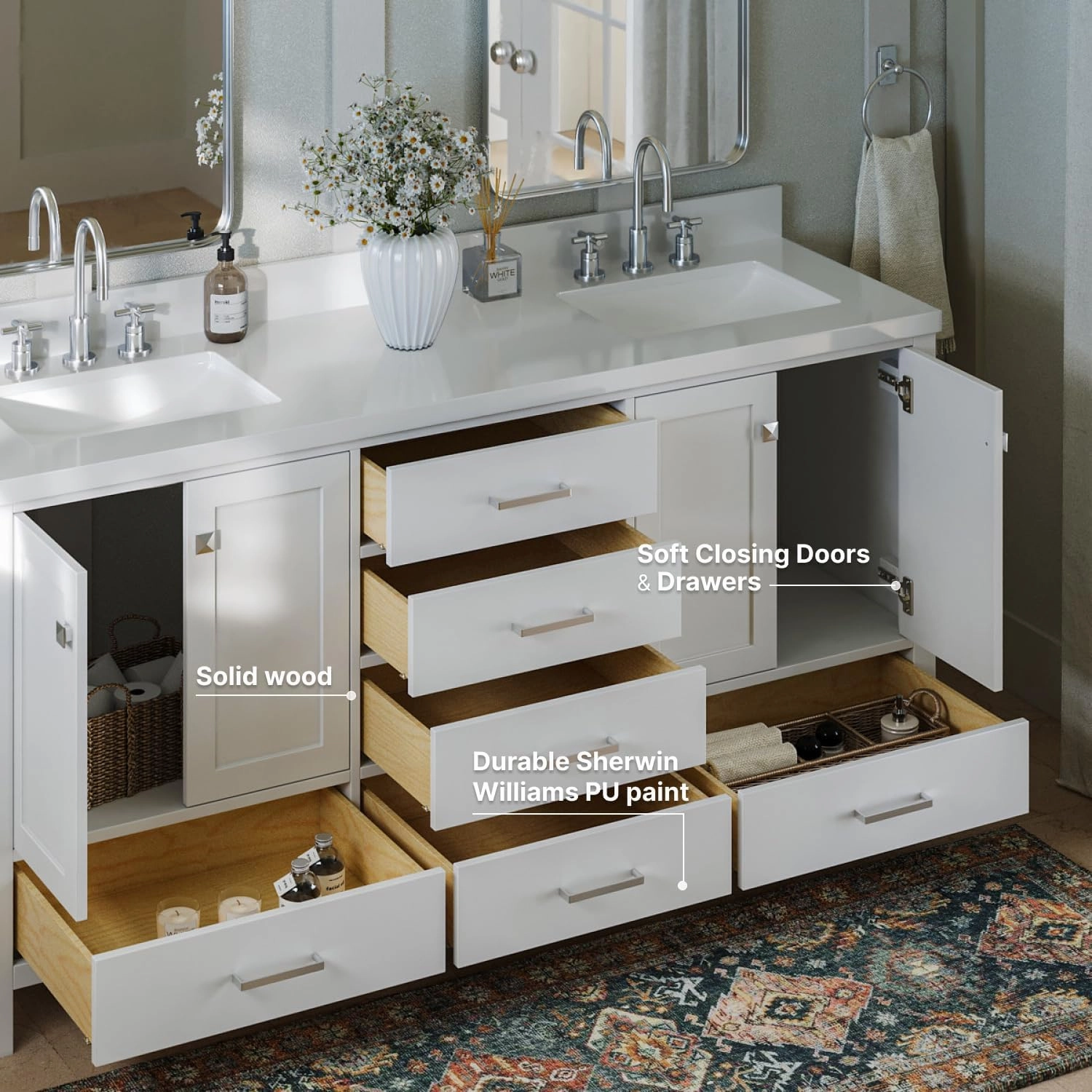 ARIEL 73" White Bathroom Vanity with Sink - 1.5" Edge Pure White Quartz Countertop & Splash, Rectangle Sink, 4 Soft Closing Door, 6 Full Extension Dovetail Drawers, Cambridge Seri, Matte Black