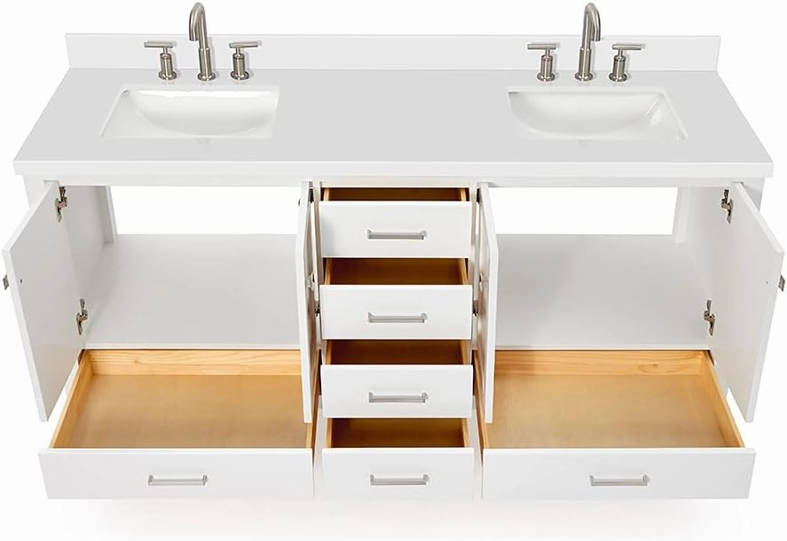 ARIEL 73" White Bathroom Vanity with Sink - 1.5" Edge Pure White Quartz Countertop & Splash, Rectangle Sink, 4 Soft Closing Door, 6 Full Extension Dovetail Drawers, Cambridge Seri, Matte Black