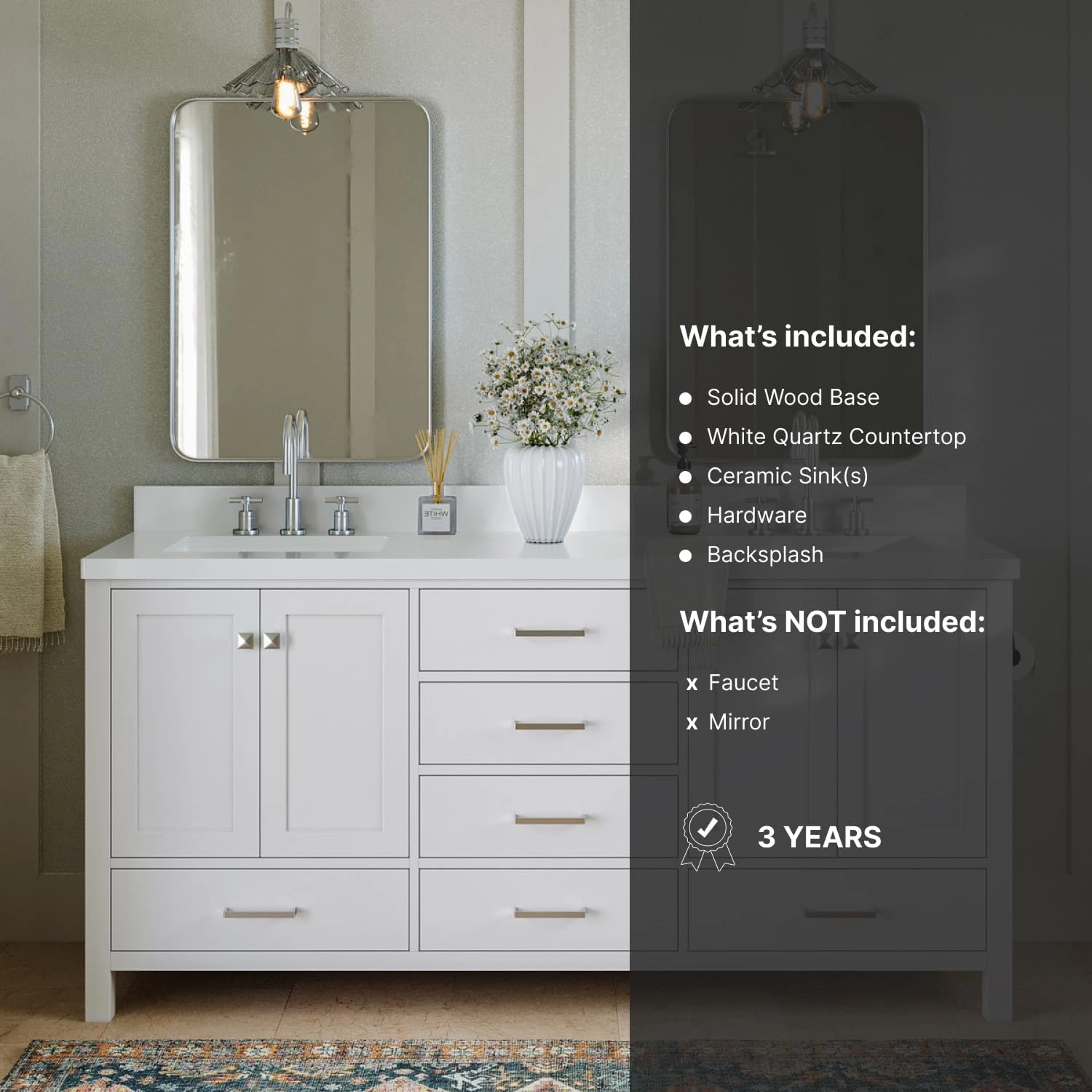 ARIEL 73" White Bathroom Vanity with Sink - 1.5" Edge Pure White Quartz Countertop & Splash, Rectangle Sink, 4 Soft Closing Door, 6 Full Extension Dovetail Drawers, Cambridge Seri, Matte Black