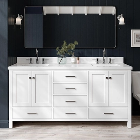 ARIEL 73" White Bathroom Vanity with Sink - 1.5" Edge Pure White Quartz Countertop & Splash, Rectangle Sink, 4 Soft Closing Door, 6 Full Extension Dovetail Drawers, Cambridge Seri, Matte Black