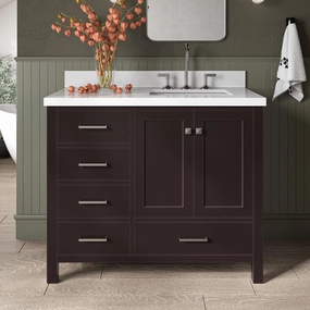 ARIEL Cambridge 43 Inch Single Sink Bathroom Vanity in Espresso, 1.5" Edge Quartz Countertop, Solid Wood, Oval Sink, 2 Soft Closing Doors, 9 Full Extension Dovetail Drawers