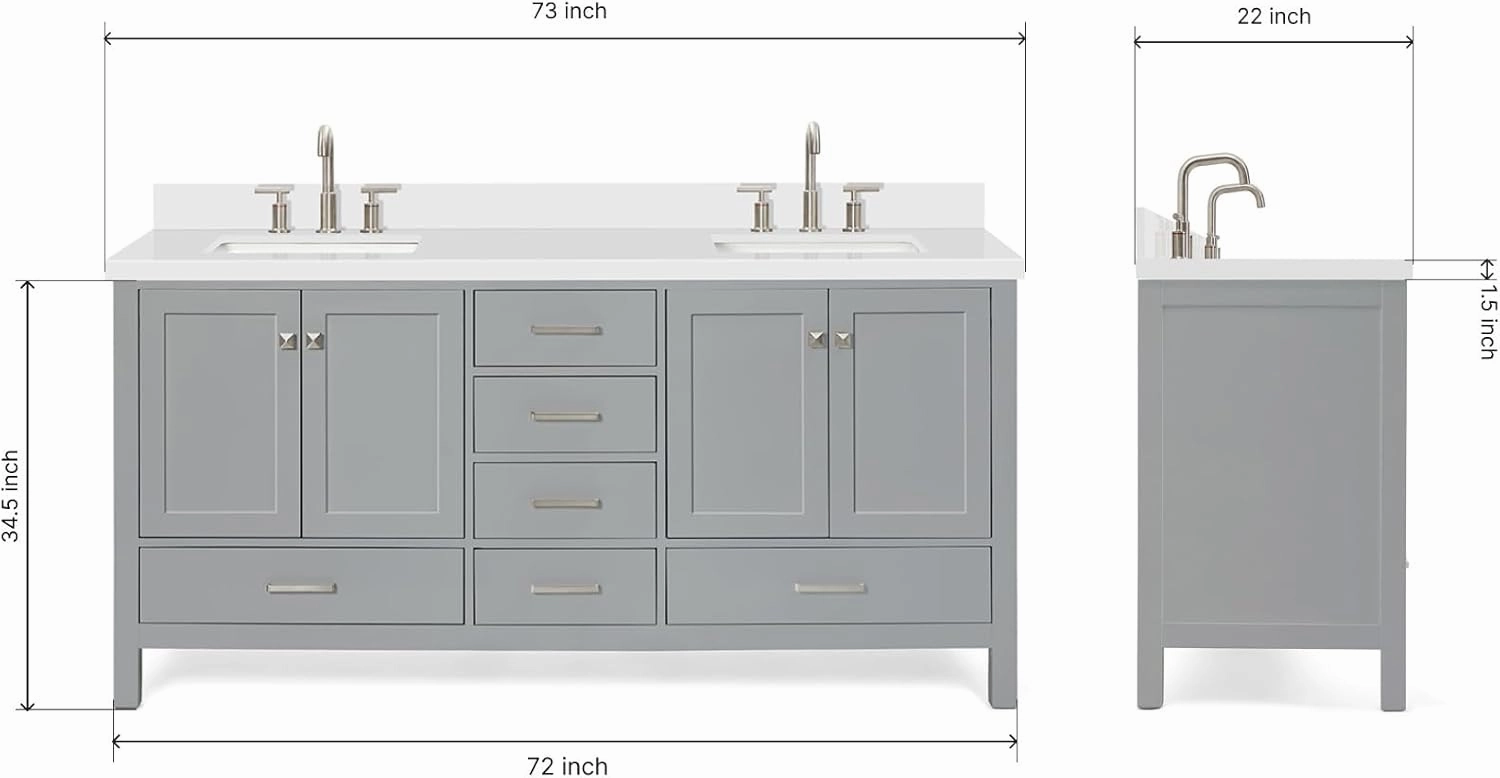 ARIEL Double Bathroom Vanity 73" Grey with 1.5" Edge Pure White Quartz Countertop & Splash, Rectangular Sinks, 4 Soft Closing Doors, 6 Full Extension Dovetail Drawers, Brushed Nickel
