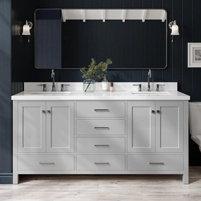 ARIEL Double Bathroom Vanity 73" Grey with 1.5" Edge Pure White Quartz Countertop & Splash, Rectangular Sinks, 4 Soft Closing Doors, 6 Full Extension Dovetail Drawers, Brushed Nickel