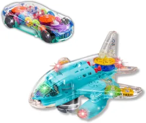 ArtCreativity Light Up Transparent Airplane & Car Toys: Bump and Go Fun with Moving Gears, Music, LED Effects, Ages 3 , Great Birthday Gift Ideas (2PC Set)