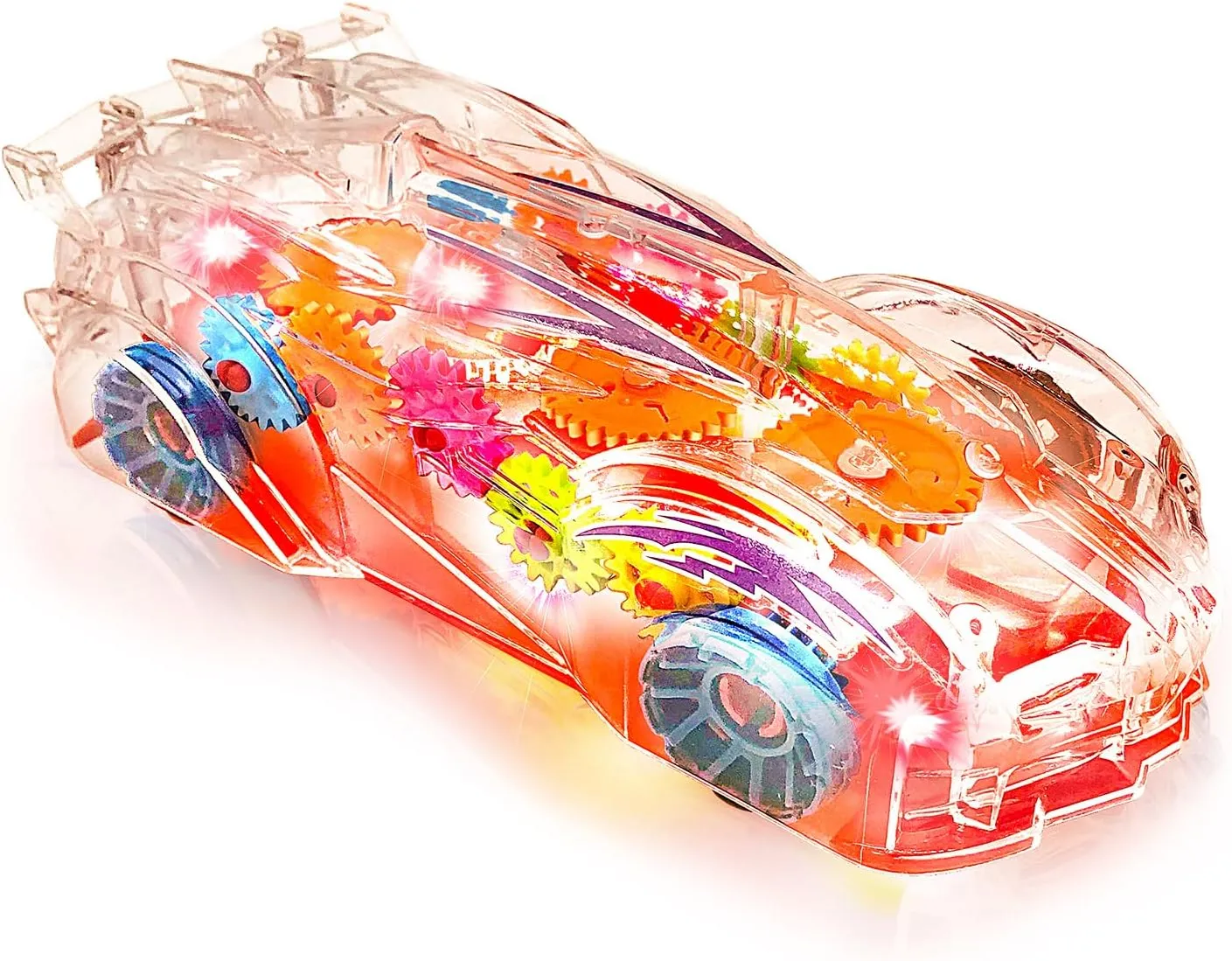 ArtCreativity Light Up Transparent Gear Racer Toy Car for Kids, Bump and Go Toy car with Colorful Moving Gears, Music & LED Effects, Fun Educational Toy, Great Birthday Gifts for Kids 3 Years & Plus