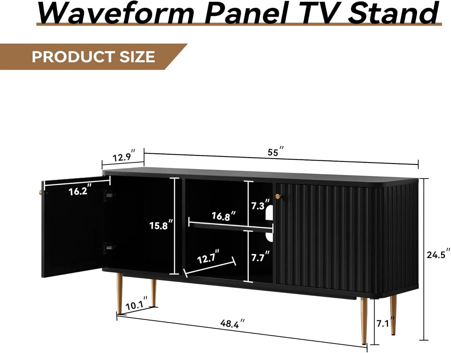 ARTPOWER 55” Fluted TV Stand, Mid Century Modern TV Stand for 55/60/65 inch TV, Entertainment Center with Storage, Television Stands, TV Console, Media Console for Living Room, Bedroom (Black)