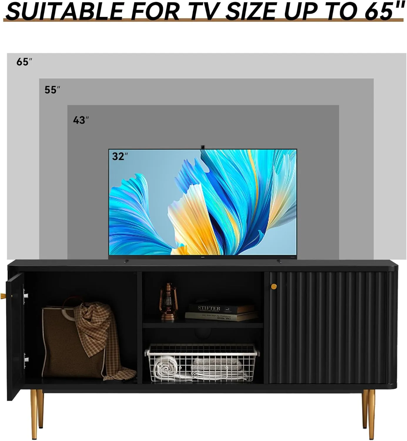 ARTPOWER 55” Fluted TV Stand, Mid Century Modern TV Stand for 55/60/65 inch TV, Entertainment Center with Storage, Television Stands, TV Console, Media Console for Living Room, Bedroom (Black)