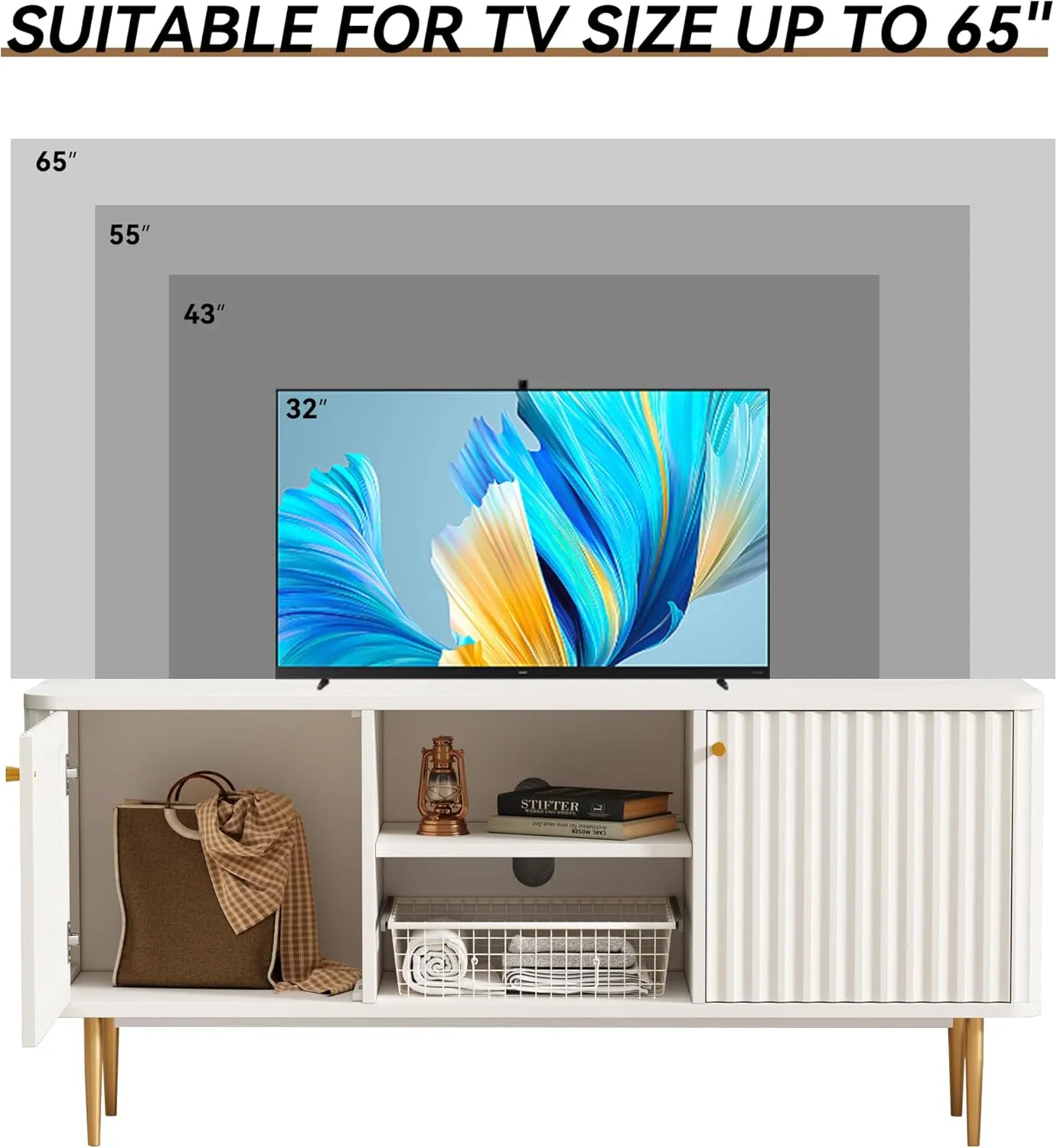 ARTPOWER 55” Fluted TV Stand, Mid Century Modern TV Stand for 55/60/65 inch TV, Entertainment Center with Storage, Television Stands, TV Console, Media Console for Living Room, Bedroom