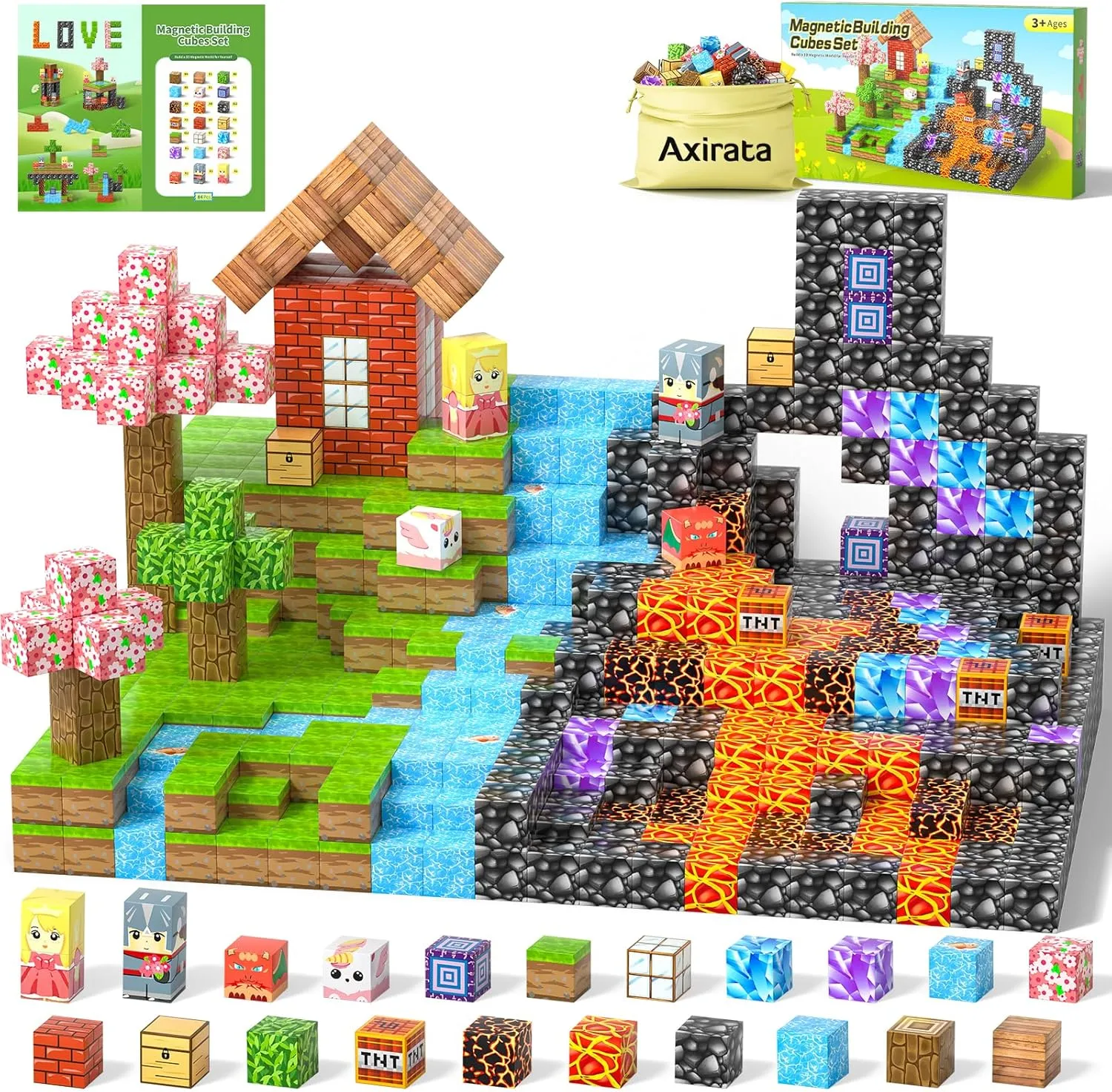 Axirata Magnetic Blocks Building Blocks, Build Magnetic World Set Birthday Gifts for Toddlers Boys Girls 84 PCS, STEM Sensory Toys Creative Kids Game Magnet Tiles for Kids Age 3 4 5 6 7 8 9 10 11 12 